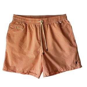 Vintage POLO RALPH LAUREN Swim Shorts Orange White Gingham Plaid Preppy, XL VTG